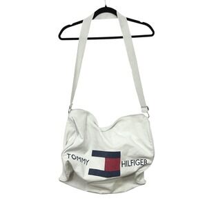 Y2K VTG Tommy Hilfiger Canvas Shoulder Bag White Big Logo Flag Tote‎ Vintage 90s
